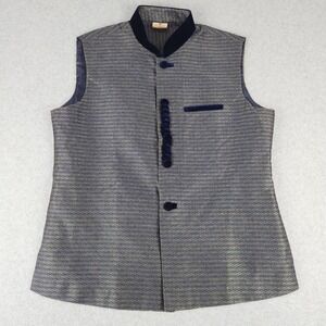 Manyavar Nehru Jacket Men's Size L 40 Blue Gold Jacquard Ethnic Waistcoat Vest